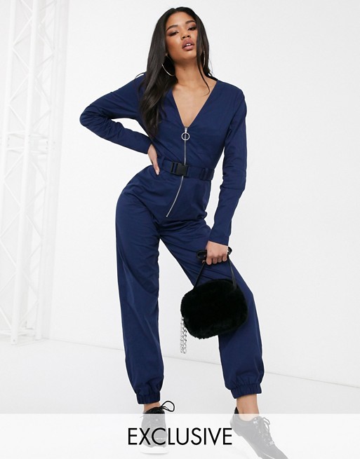 PrettyLittleThing exclusive cargo jumpsuit with seatbelt detail in navy