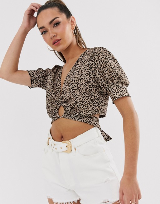 PrettyLittleThing exclusive cropped blouse with ring tie detail in leopard