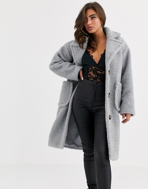 PrettyLittleThing exclusive longline teddy borg coat in grey