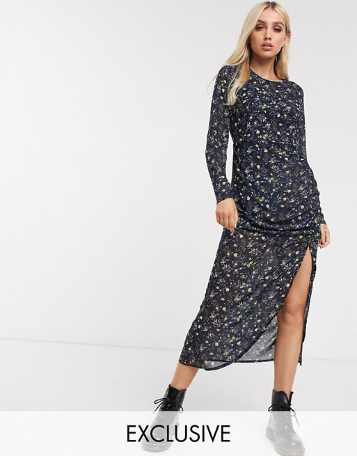 PrettyLittleThing exclusive midi dress with thigh split and ruched detail in navy floral