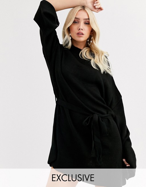 PrettyLittleThing exclusive oversized knitted belted dress in black