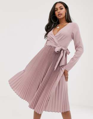 pleated wrap dress midi