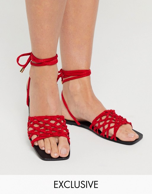 PrettyLittleThing exclusive square toe sandal with knotted plait in red