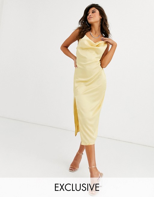 PrettyLittleThing exclusive strappy midi dress with cowl neck in pale gold satin