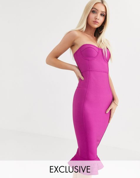 PrettyLittleThing – Exklusives, violettes und hautenges Kleid im Bandagen-Stil mit gerüschtem Saum
