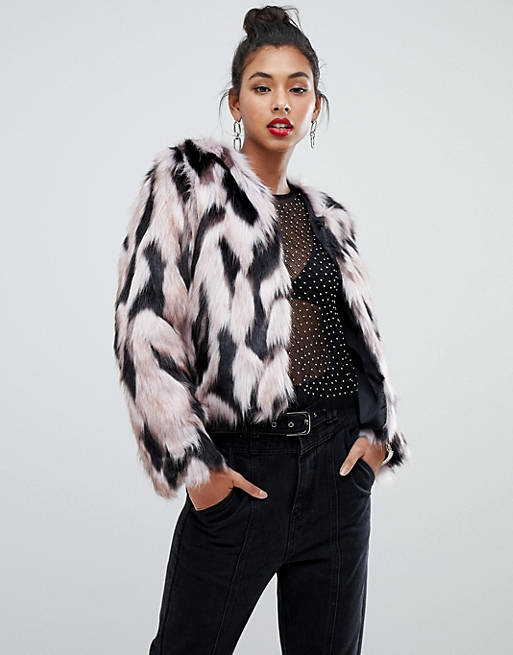 PrettyLittleThing faux fur jacket in multi