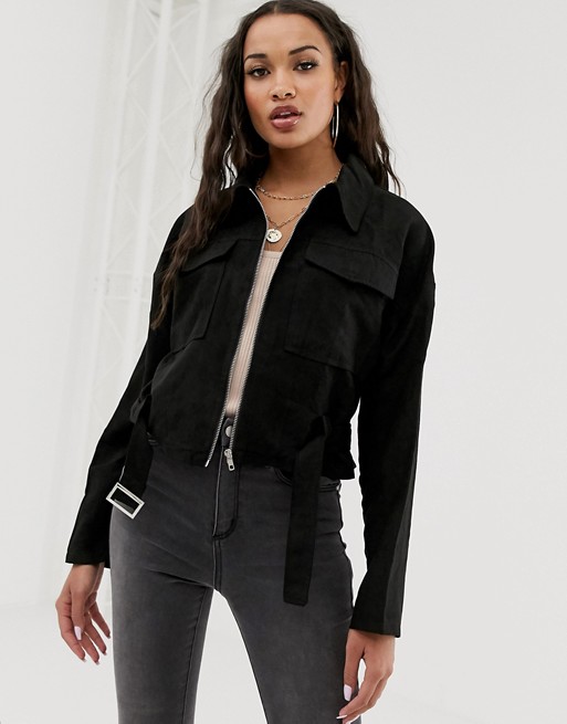 PrettyLittleThing faux suede jacket in black