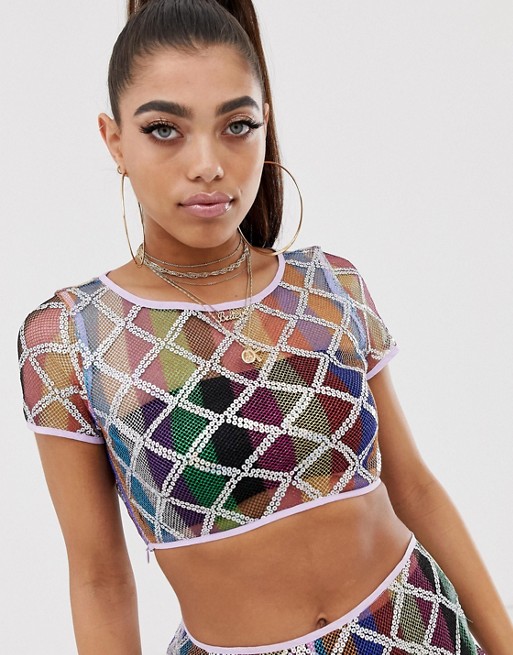 PrettyLittleThing festival crop top co-ord in rainbow sequin mesh