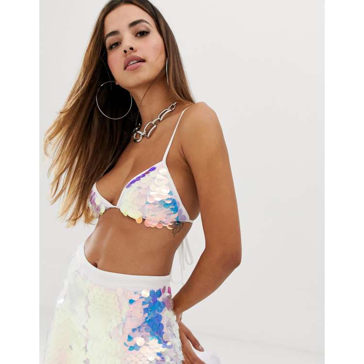 PrettyLittleThing festival sequin bralet co-ord in iridescent