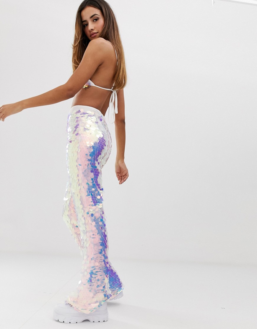 PrettyLittleThing festival sequin flares co-ord in iridescent white-Silver