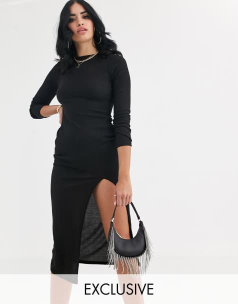 PrettyLittleThing – Figurbetones, geripptes Basic-Kleid in Schwarz mit Schlitz