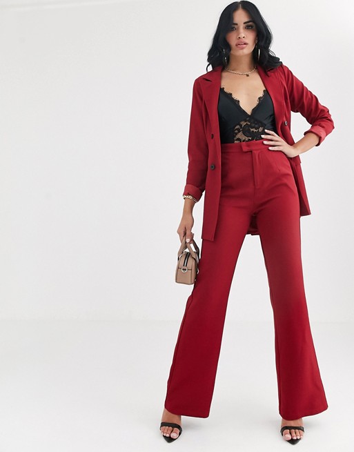 PrettyLittleThing flared tailored trousers co-ord in burgundy