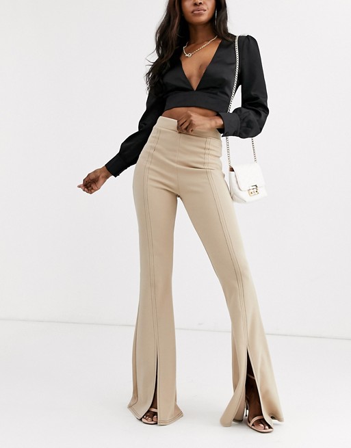 PrettyLittleThing flared trousers with split leg in camel