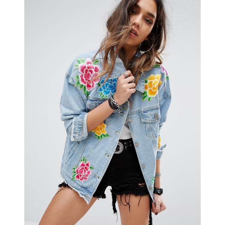 Embroidered Denim Jacket Oversized Denim Jacket Floral Denim -  UK