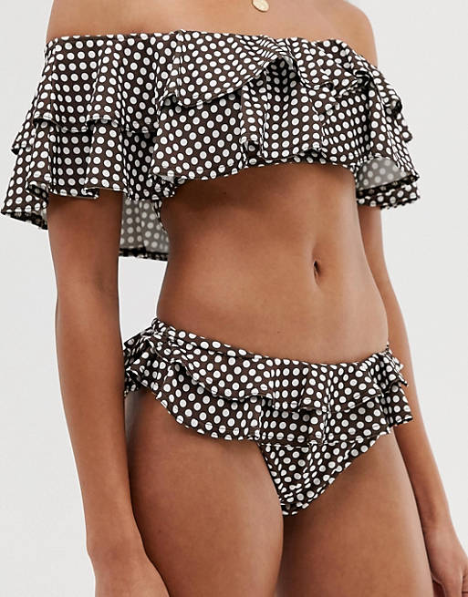 PrettyLittleThing frill detail bardot bikini bottoms in chocolate polka dot