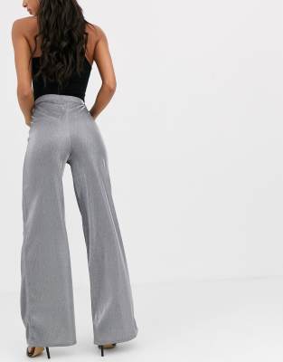 PrettyLittleThing - Glitter broek met wijde pijpen in zilver | ASOS