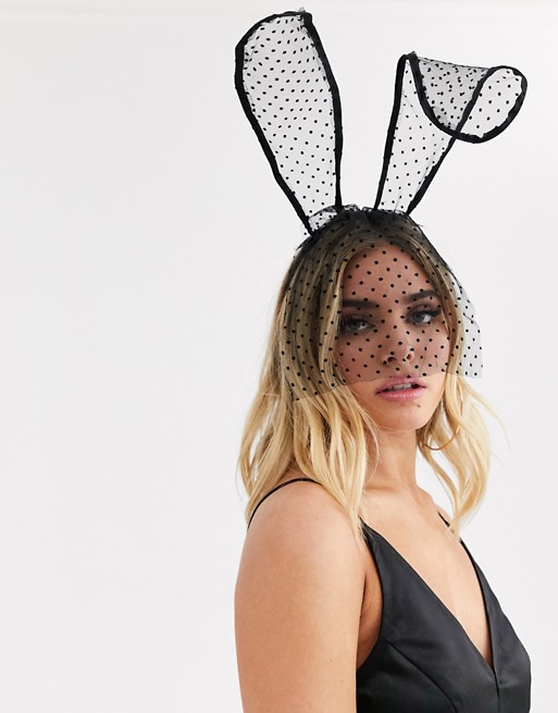 PrettyLittleThing Halloween bunny ears headband in black dobby mesh