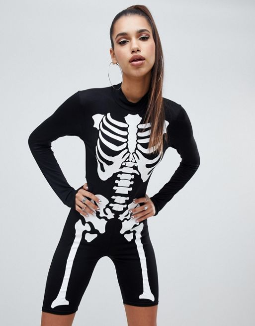 PrettyLittleThing Halloween skeleton unitard in black | ASOS