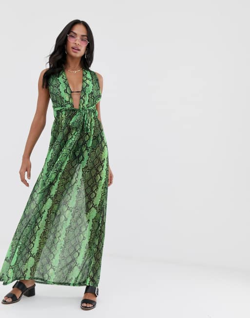 Prettylittlething Halterneck Maxi Beach Dress In Neon Green Snake