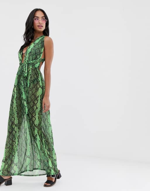 Prettylittlething Halterneck Maxi Beach Dress In Neon Green Snake