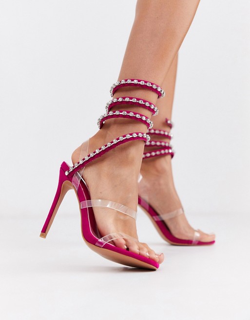 PrettyLittleThing high heeled sandal with diamante ankle wrap straps in pink