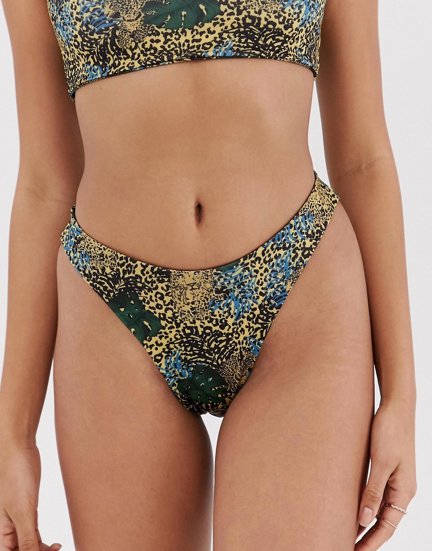 PrettyLittleThing high leg bikini bottoms in khaki leopard print-Multi