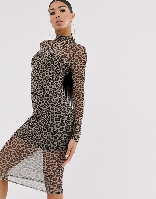 PrettyLittleThing high neck midi mesh dress in leopard