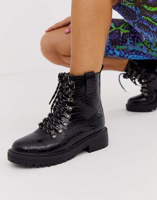 PrettyLittleThing hiker boot in black croc ASOS