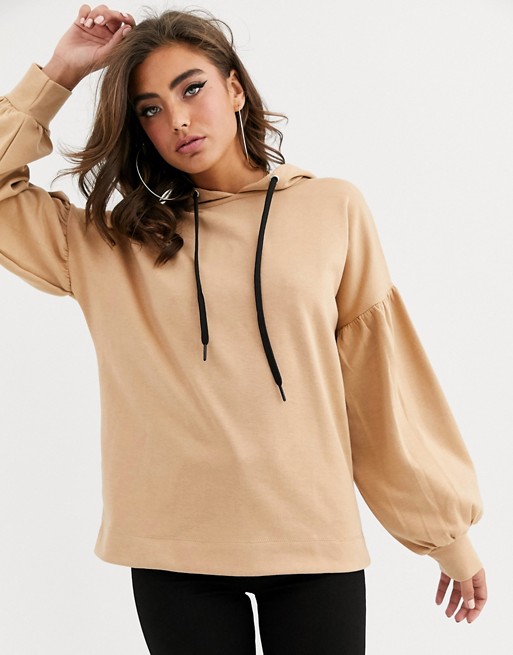PrettyLittleThing hoody with balloon sleeve detail in stone
