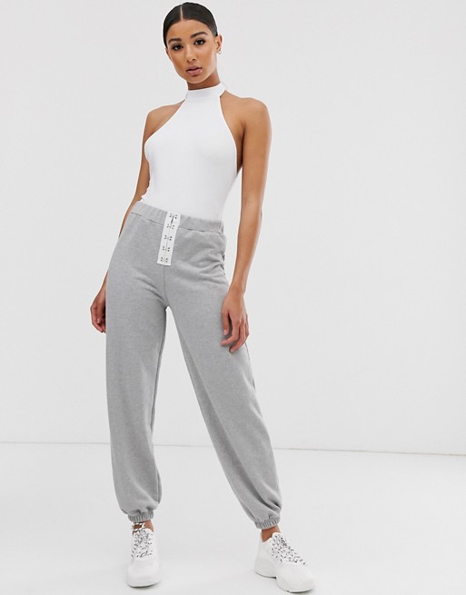 PrettyLittleThing joggers with hook and eye detail in grey