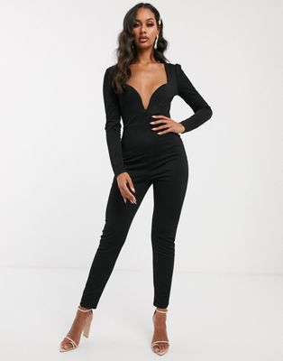 PrettyLittleThing jumpsuit with puff sleeve and plunge neck in black | ASOS
