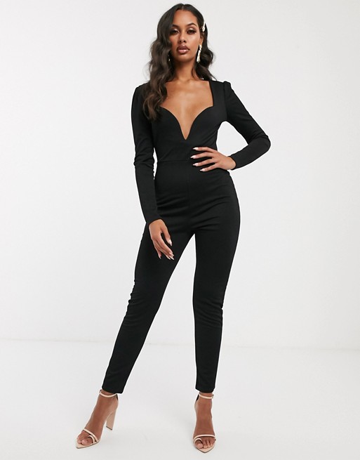 PrettyLittleThing jumpsuit with puff sleeve and plunge neck in black