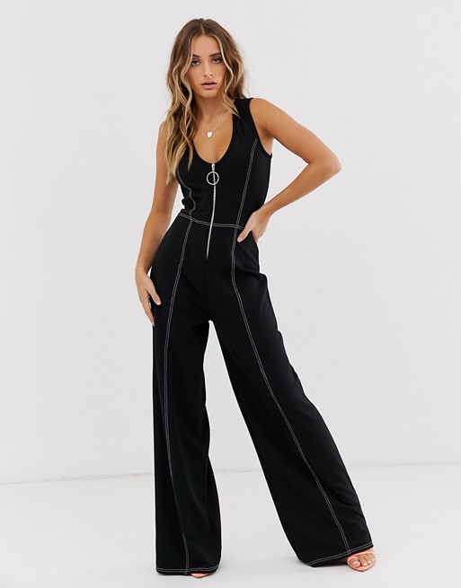 PrettyLittleThing jumpsuit with wide leg and contrast stitch in black