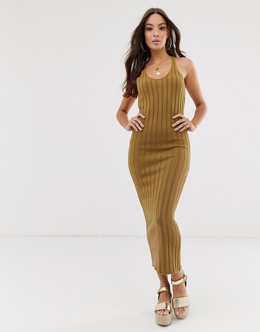 PrettyLittleThing knitted cami maxi dress in camel