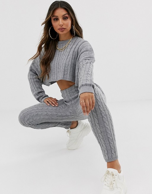 PrettyLittleThing knitted crop jumper and legging set in grey