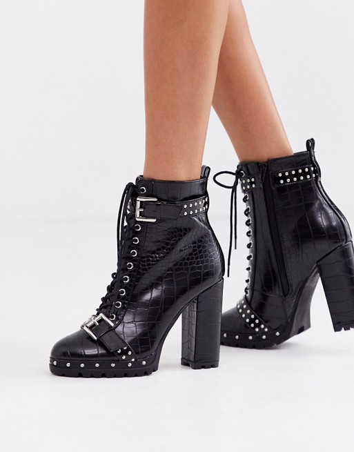 PrettyLittleThing lace up high heeled boots with stud and buckle details in black croc