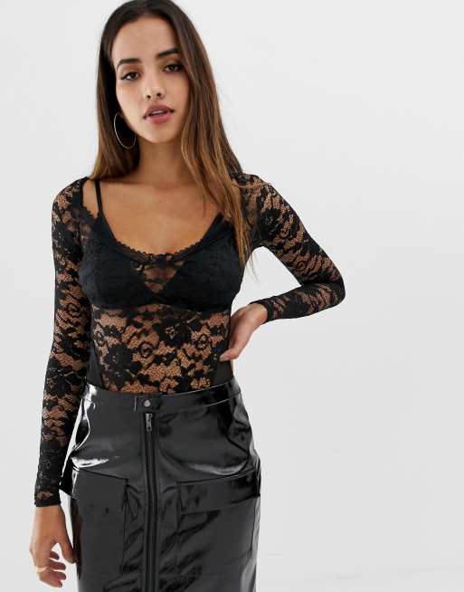 ASOS DESIGN – Hochgeschlossener, langärmliger Spitzenbody in Schwarz