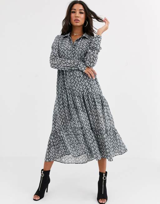 PrettyLittleThing layered shirt maxi dress in grey snake