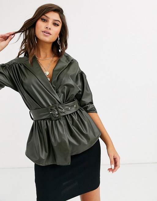 PrettyLittleThing leather look blouse with puff sleeves and belted waist in dark green