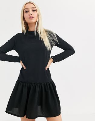 black long sleeve frill hem shift dress