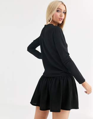 black long sleeve frill hem shift dress