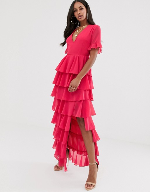 PrettyLittleThing maxi dress with tiered ruffles in raspberry