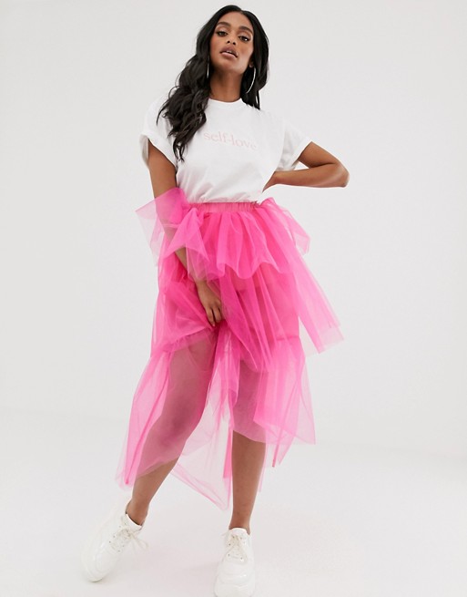 PrettyLittleThing mesh layered midi skirt in pink