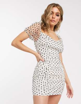 polka dot mesh ruched mini dress