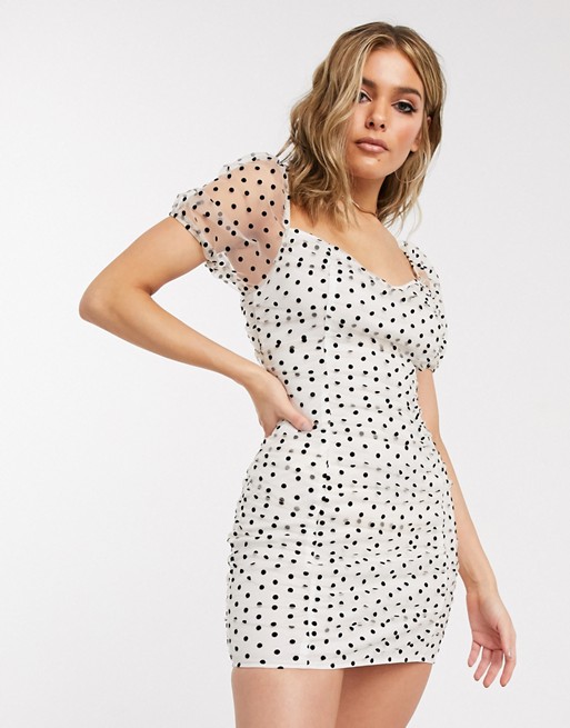 PrettyLittleThing mesh ruched mini dress in white polka