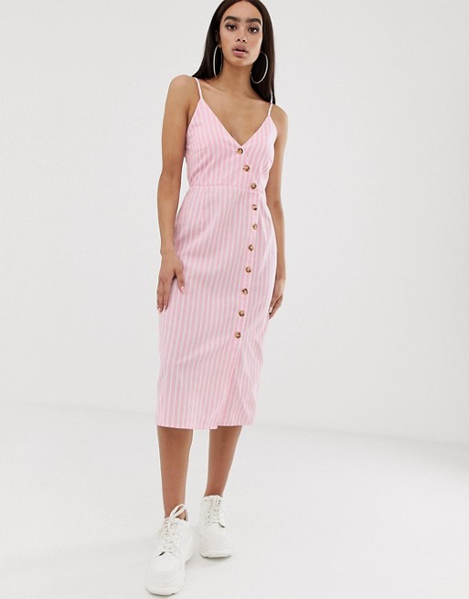 PrettyLittleThing midi cami dress with button through in pink stripe