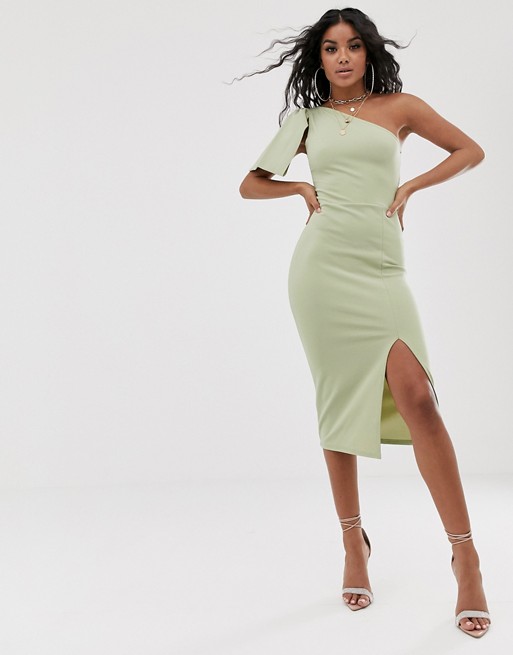 PrettyLittleThing midi dress with one shoulder and bow detail in sage green