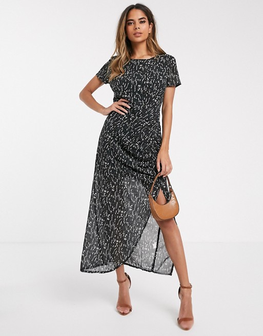 PrettyLittleThing midi dress with ruched detail in black floral