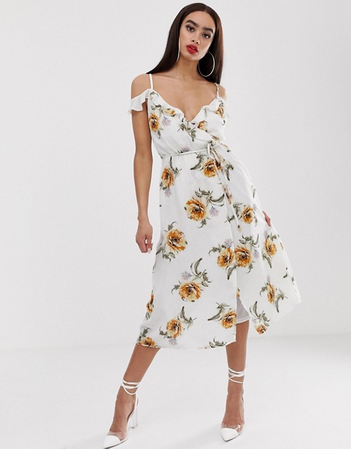 PrettyLittleThing midi wrap dress with cold shoulder in white floral