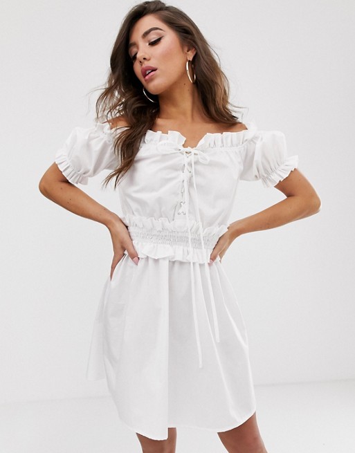 PrettyLittleThing milk maid bardot dress with lace up in white
